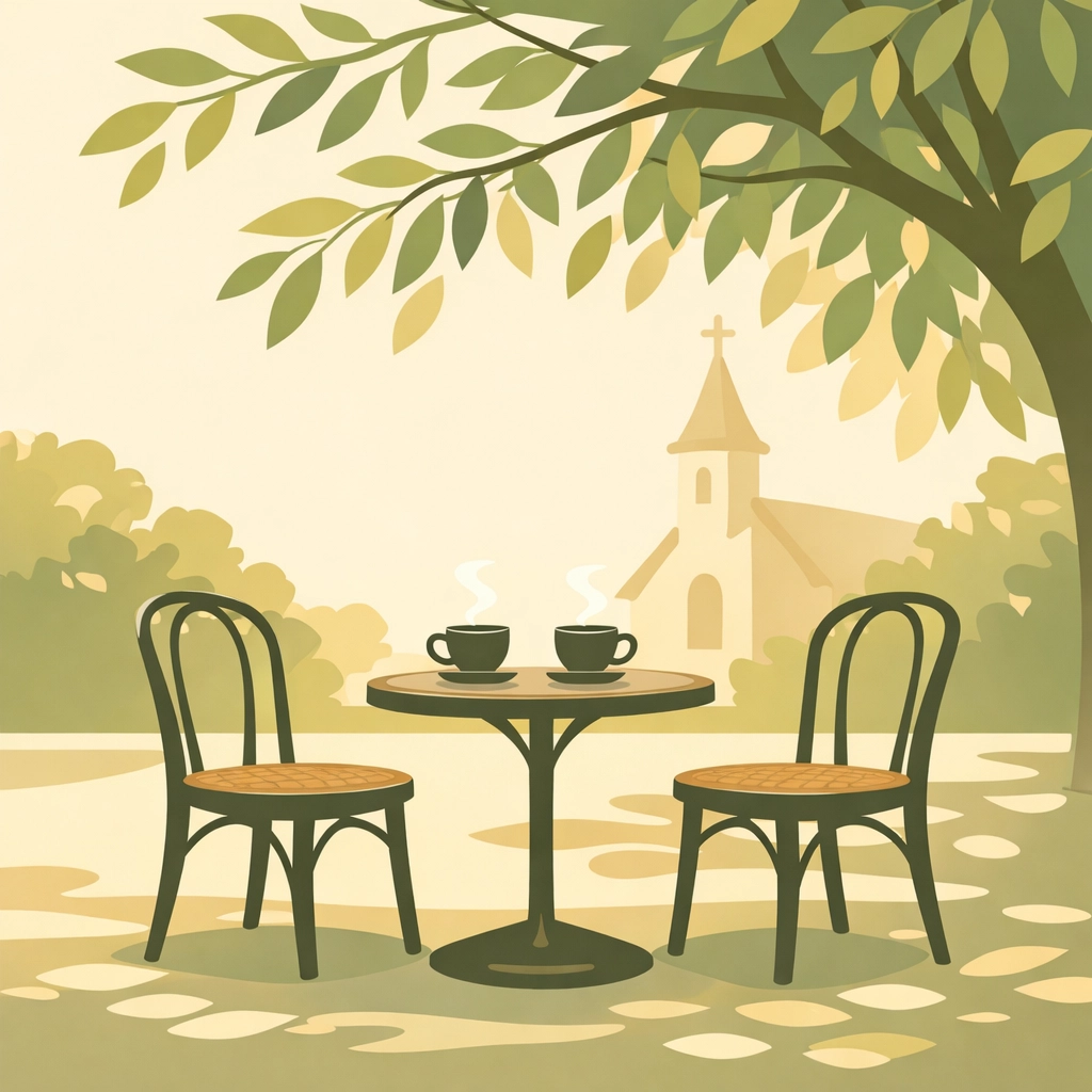 Pastoral relationship building over coffee near church symbolizing margin for meaningful connections