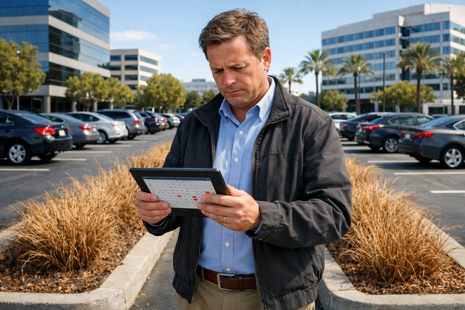 Property manager reviewing AB 1572 compliance deadlines with dried decorative grass in parking lot median