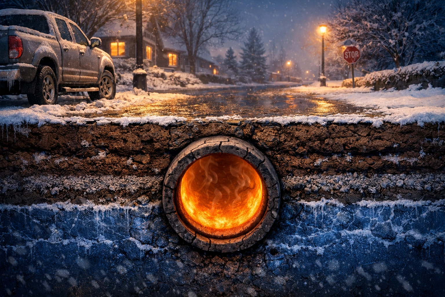Traditional sewer pipe lining struggling to cure in frozen Denver soil during a cold winter evening.