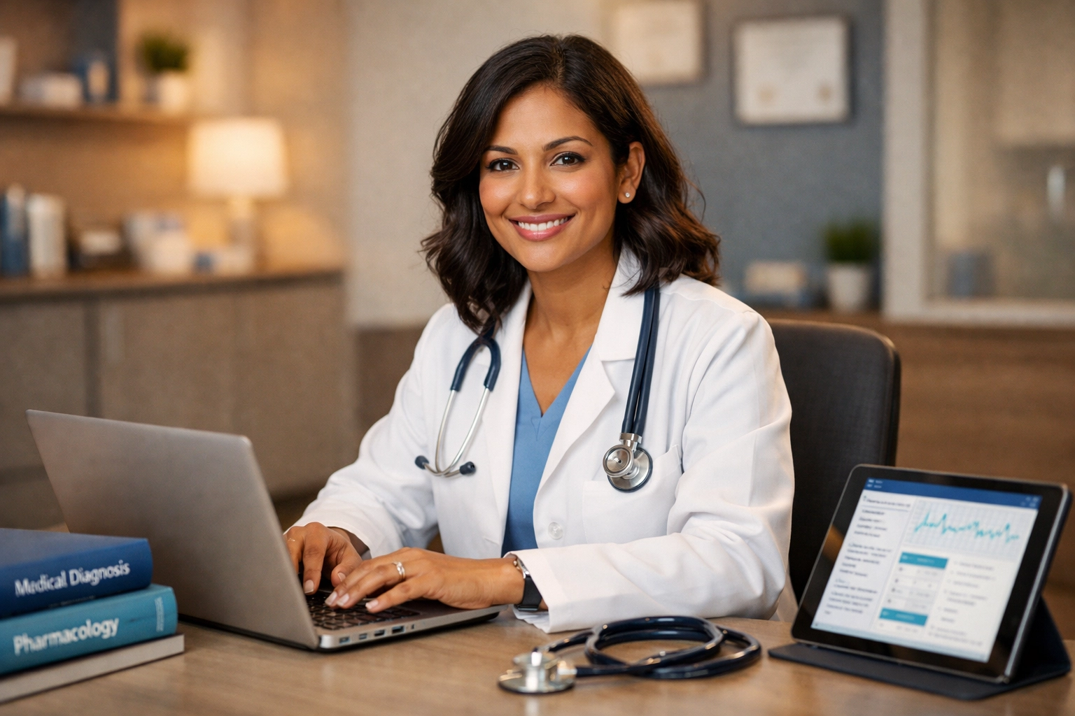 Licensed physician reviewing online Wegovy prescription request on laptop at medical office desk