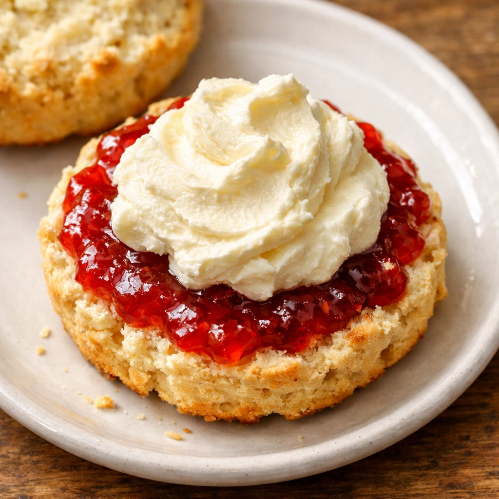 Cornish cream tea scone with jam spread first then clotted cream on top