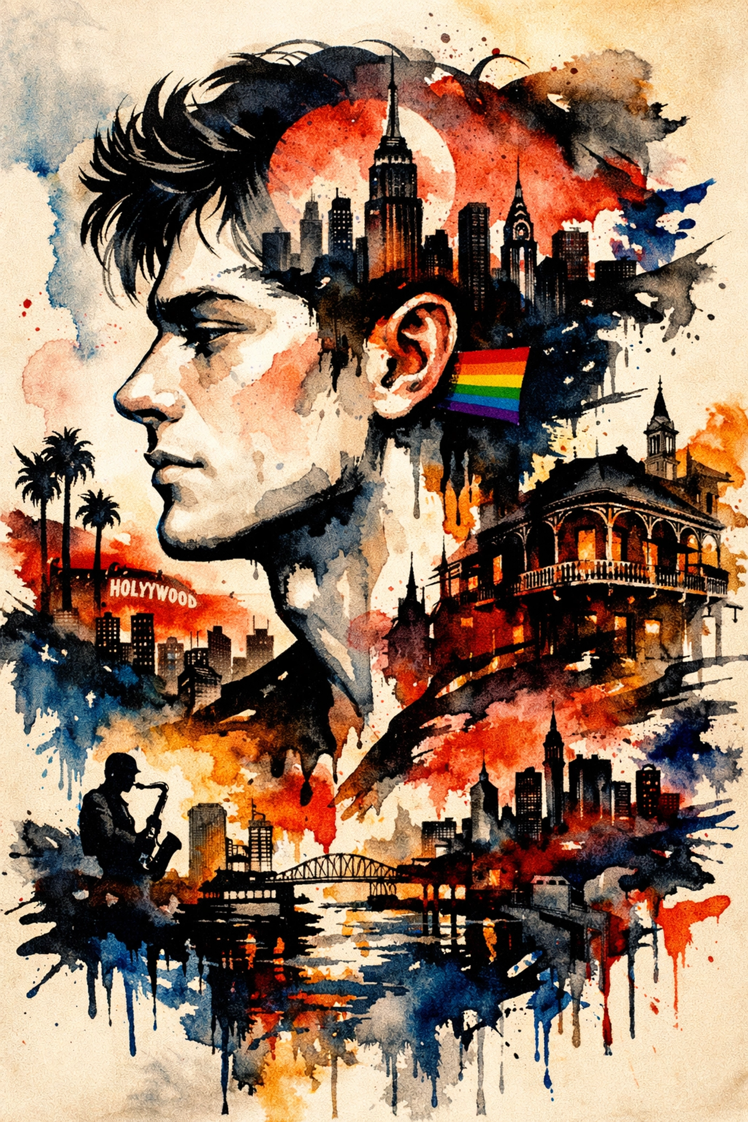 Gay man's silhouette with city skylines representing identity search in City of Night