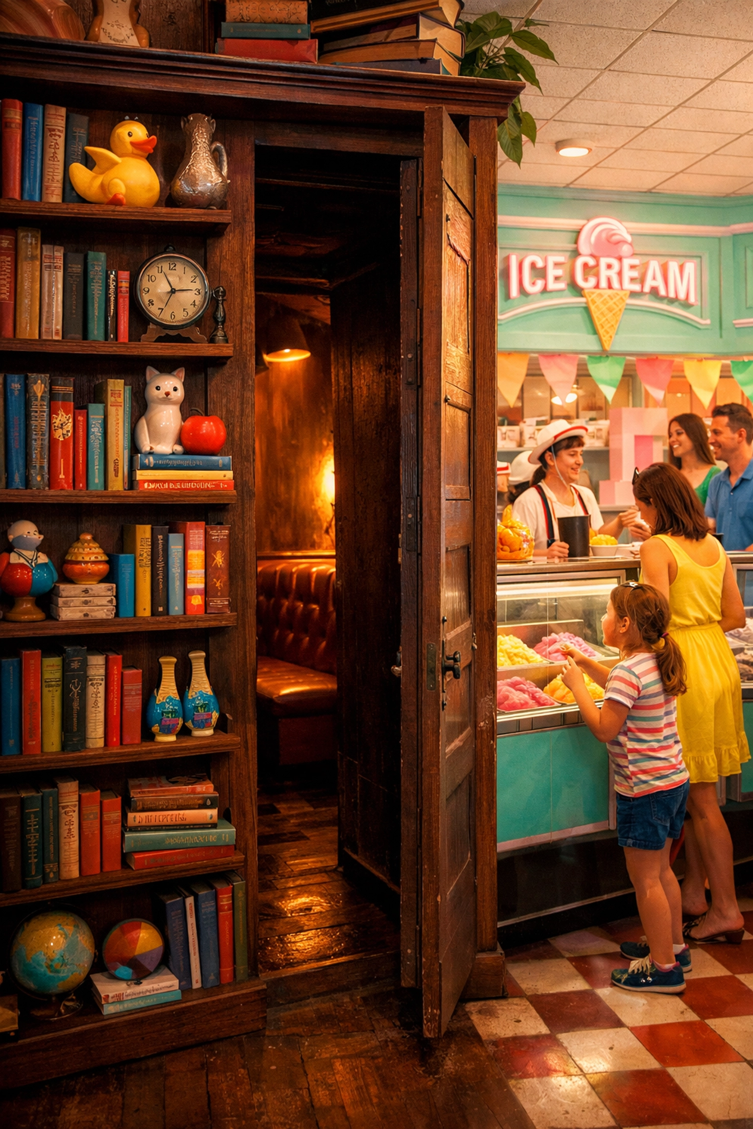 Hidden speakeasy entrance behind bookshelf inside Craft Creamery ice cream shop Las Vegas