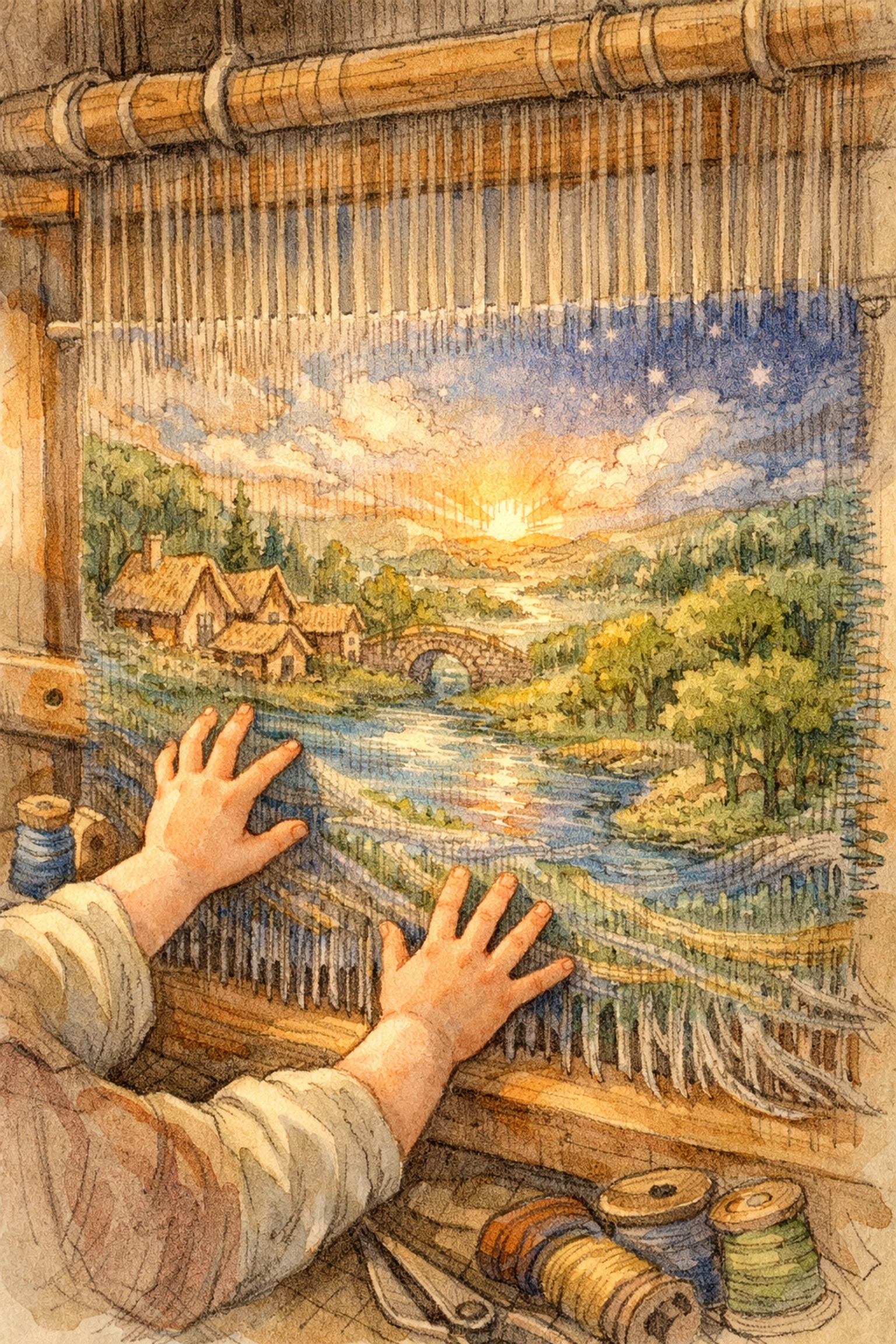 Child's hands reaching toward tapestry showing how 16 fundamental truths weave together