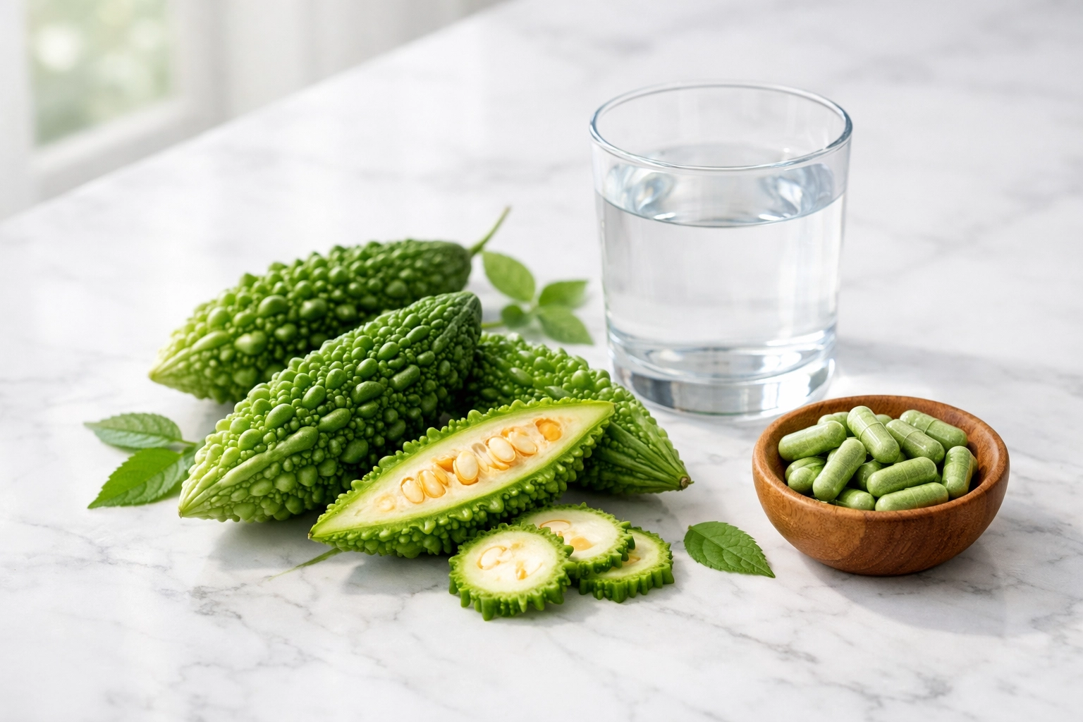 Fresh bitter melon fruits and supplement capsules for natural blood sugar support