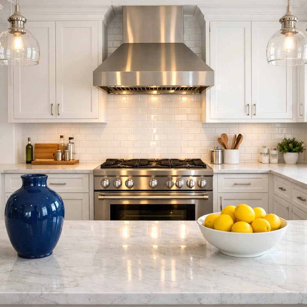 Pristine kitchen with stainless steel appliances after a deep cleaning in Maynard Massachusetts.