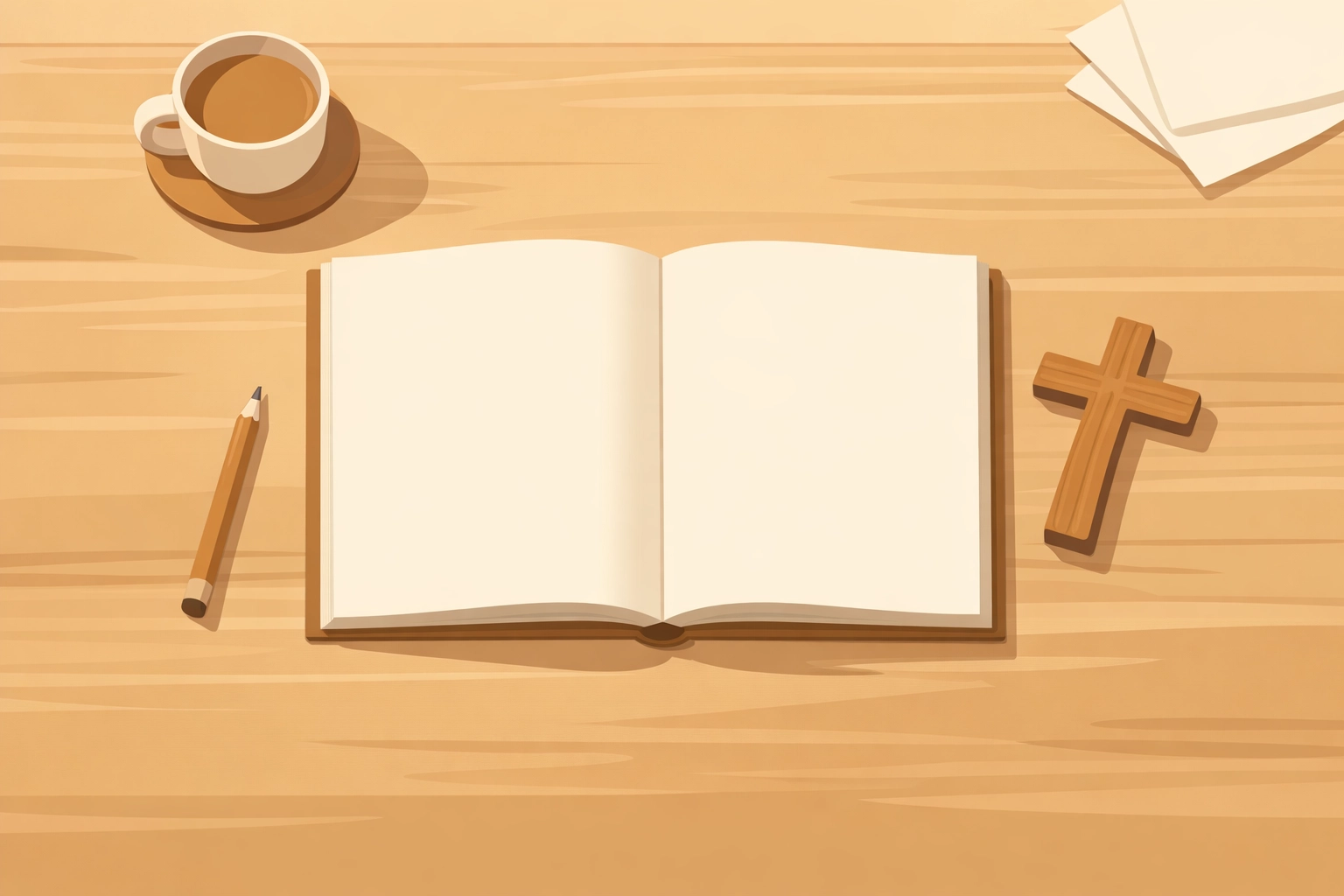Faith-based creative workspace with open sketchbook and wooden cross representing prayer before creating