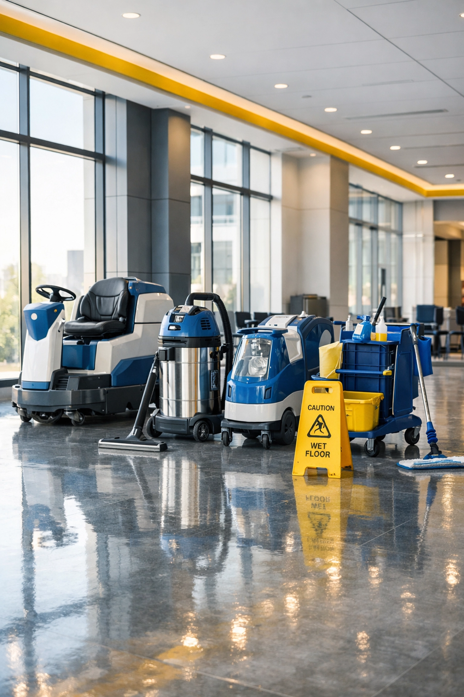 Methuen commercial post-construction site cleanup in a modern office with polished gray floors.