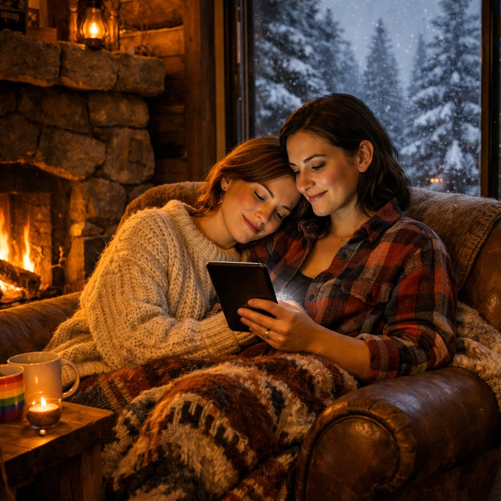 A lesbian couple cuddling in a cozy cabin by a fireplace while reading an ebook during a queer winter getaway.