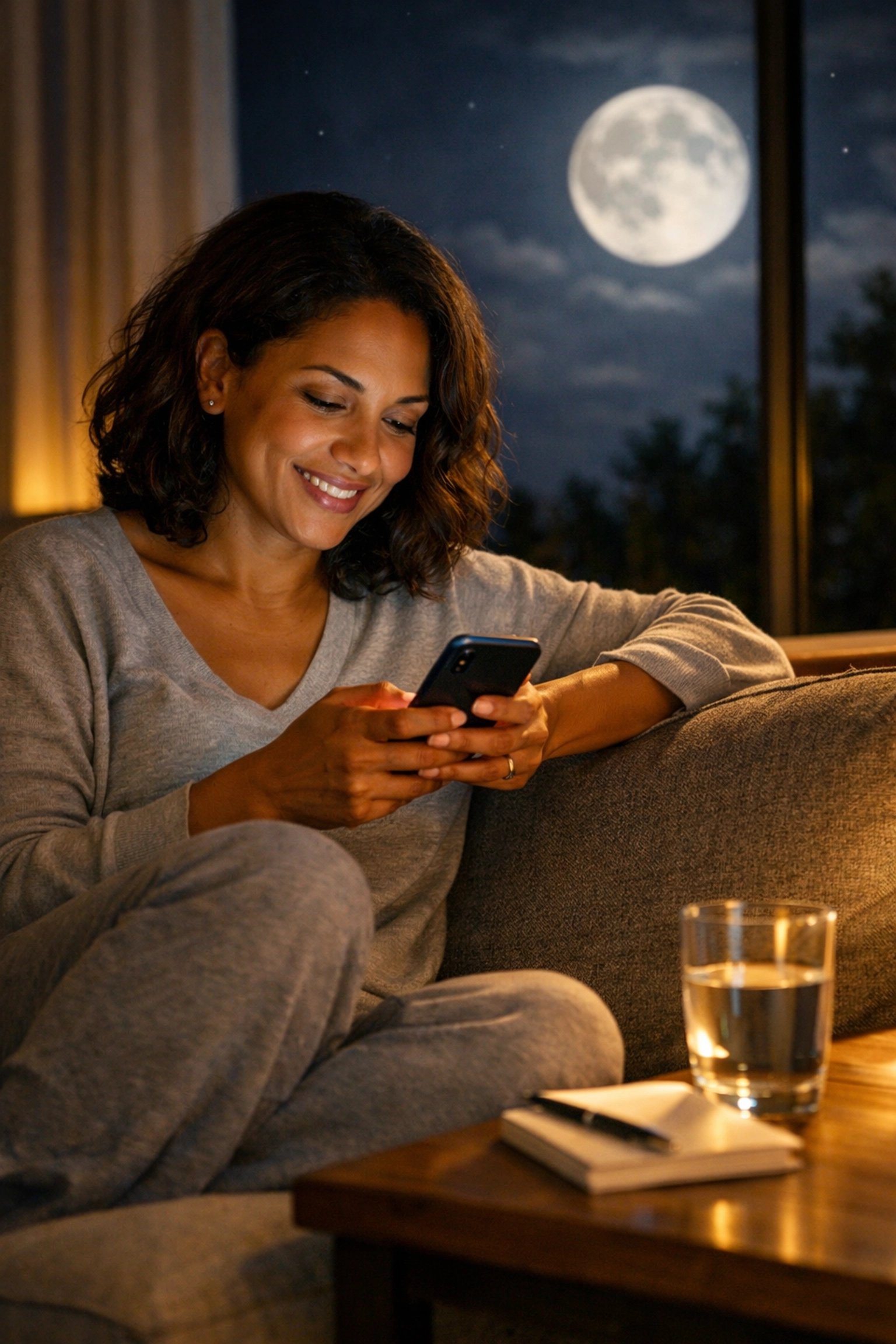 Woman texting with doctor at night for Wegovy consultation from home using telehealth