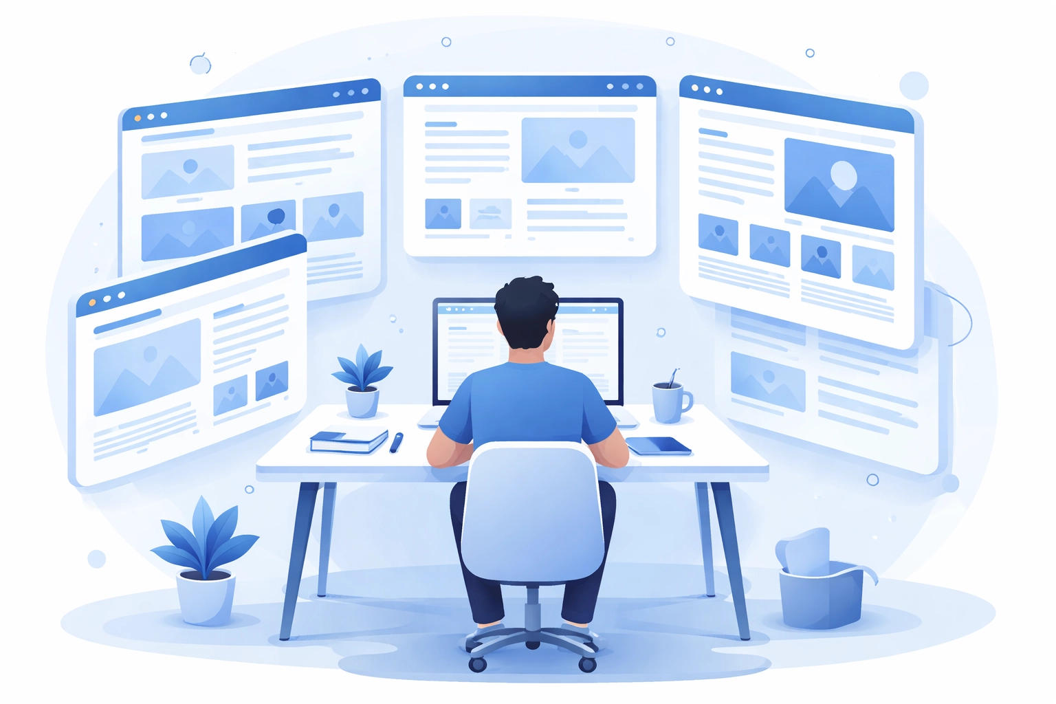 Person reviewing multiple web design portfolios on floating screens, evaluating agency project examples