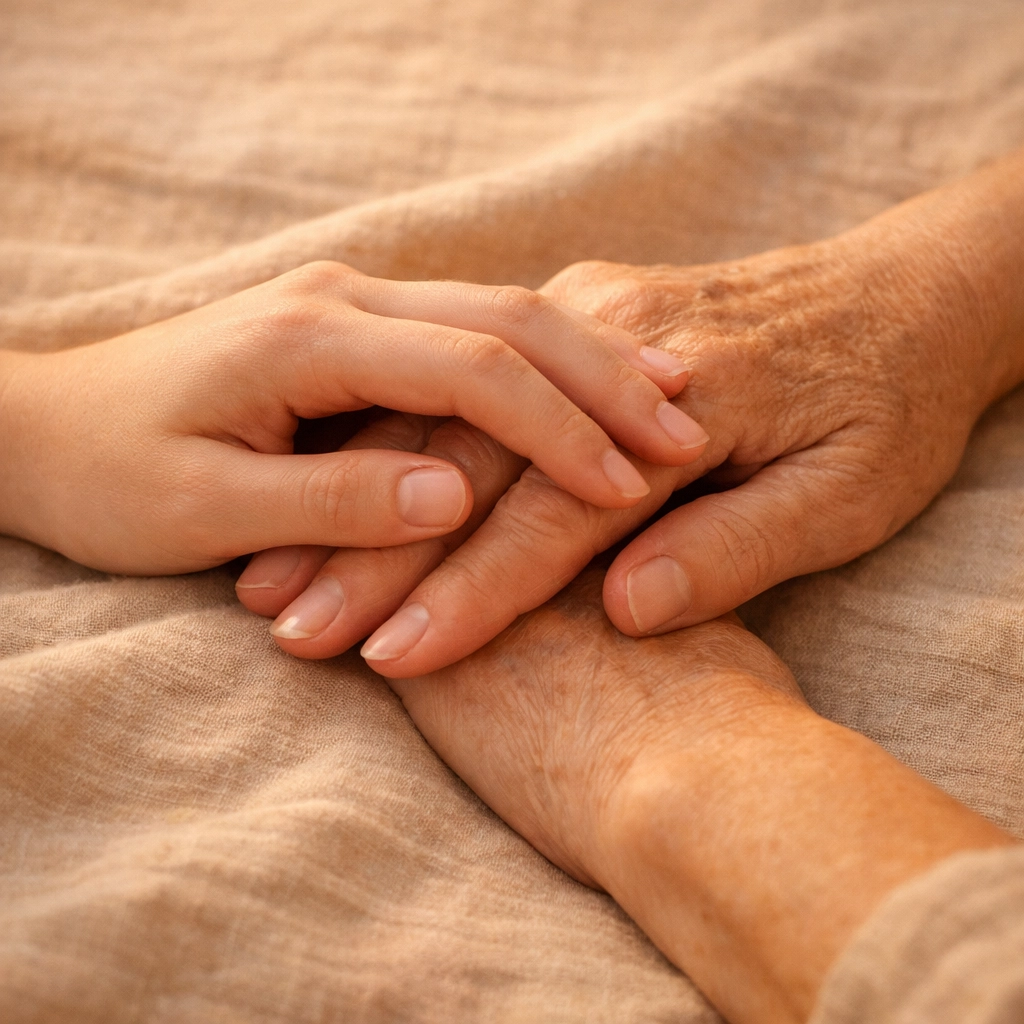 Close-up of young and old hands touching, symbolizing the gift of healing through skin donation in India.