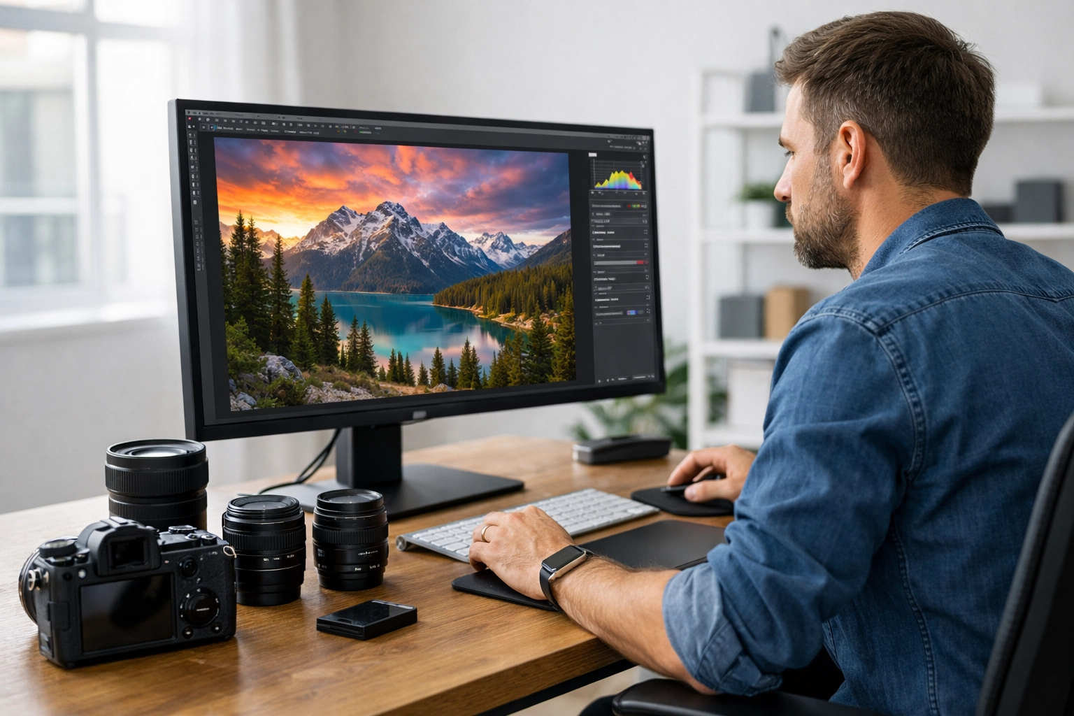 Professional photographer in a modern studio editing high-quality photos for their Proshoot.io portfolio.