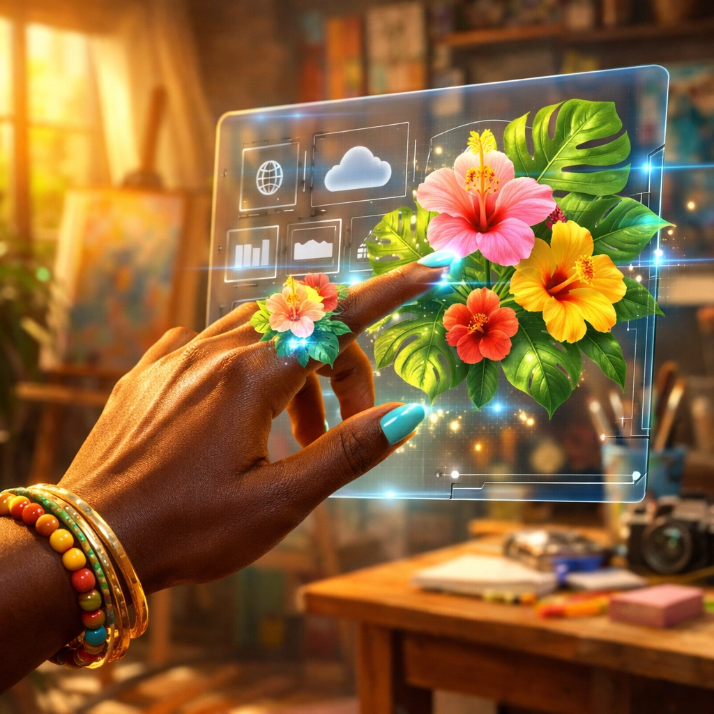 A woman's hand touching a digital interface as flowers bloom, symbolizing scaling a business with soul.