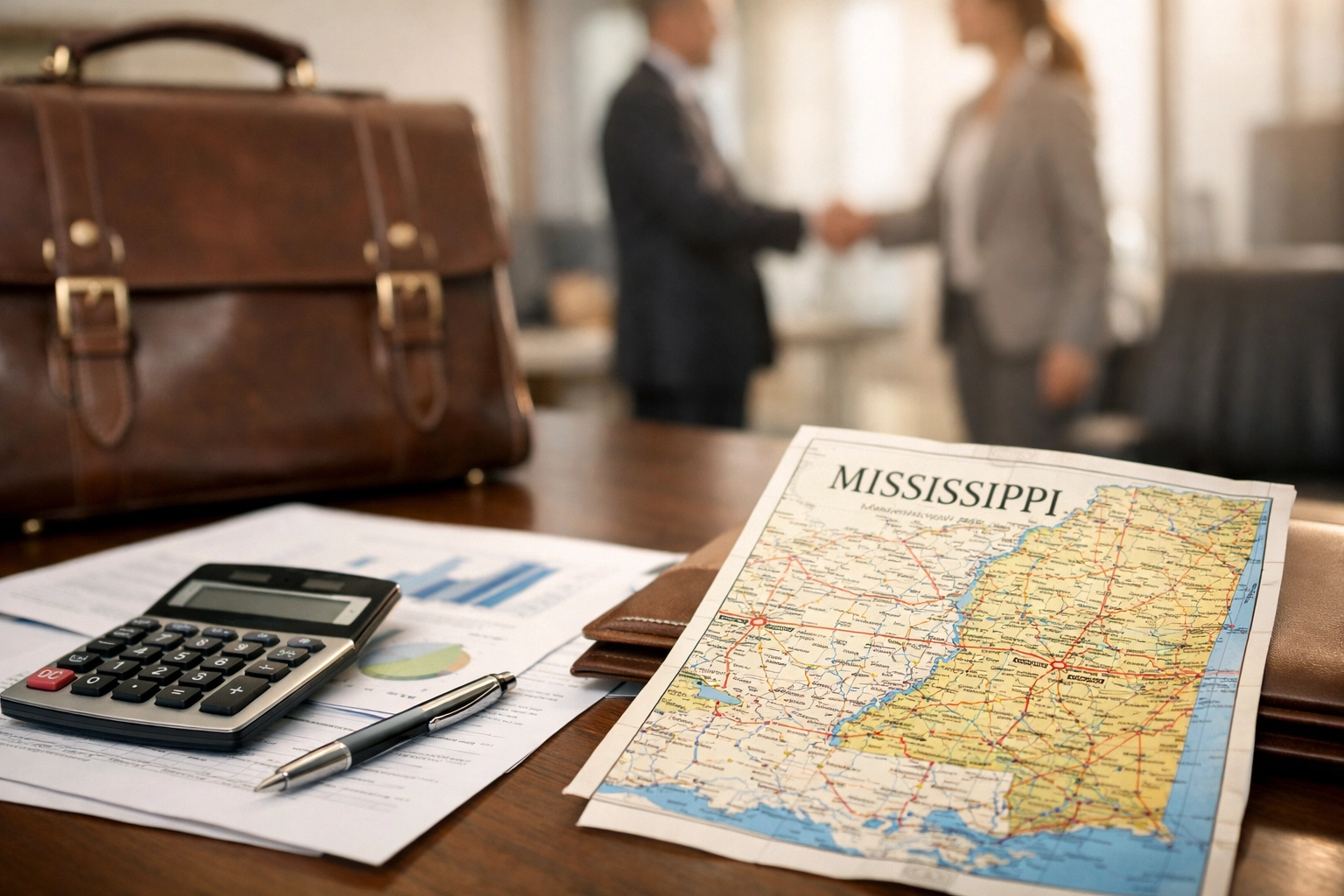 Mississippi business sale negotiation with state map and professional documents