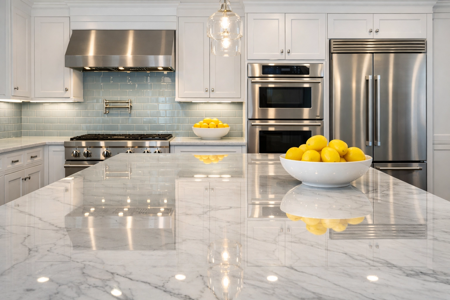 Sparkling clean luxury kitchen with polished surfaces and a marble island after expert Franklin house cleaning.