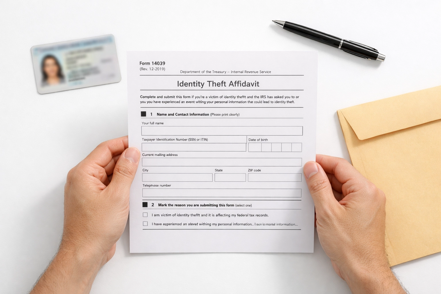 IRS Form 14039 Identity Theft Affidavit with ID card ready for submission