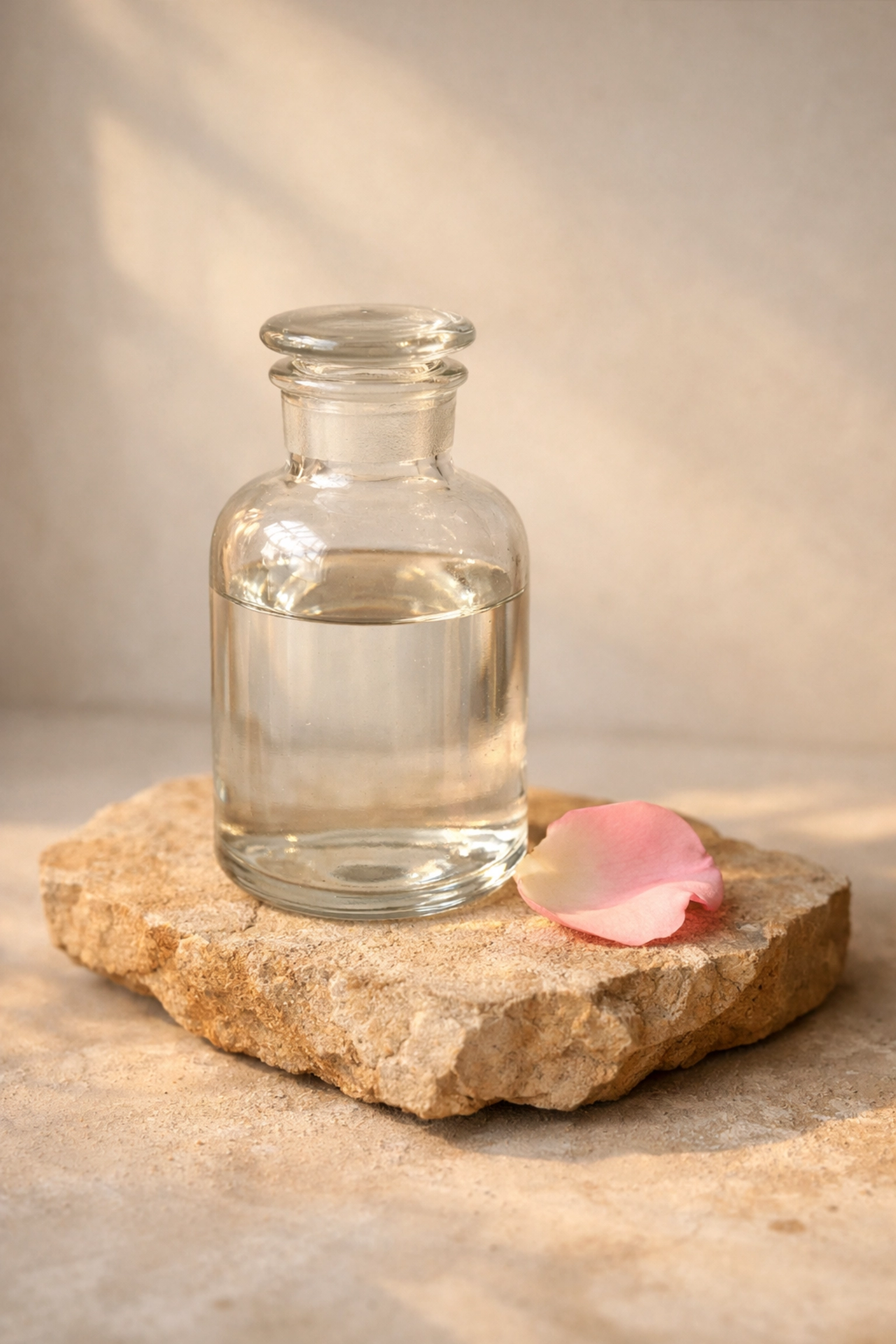 A glass apothecary bottle on sandstone representing the body as a stable vessel for energetic expansion.