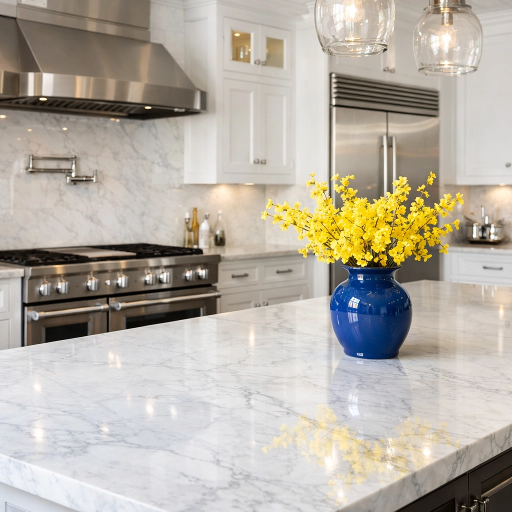 Luxury house cleaning Weston MA: A pristine estate kitchen with white marble countertops and professional detailing.