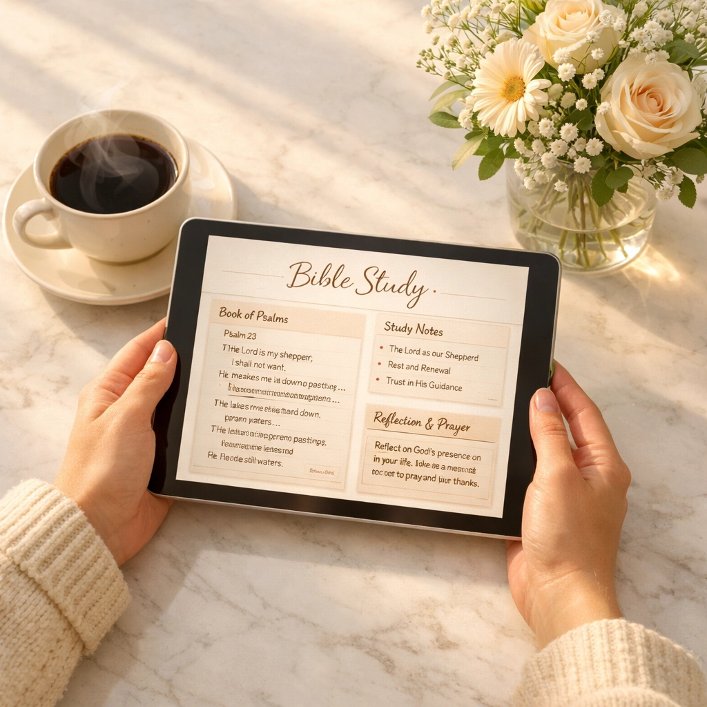 Hands holding tablet for digital Bible study with coffee representing intentional Christian screen time