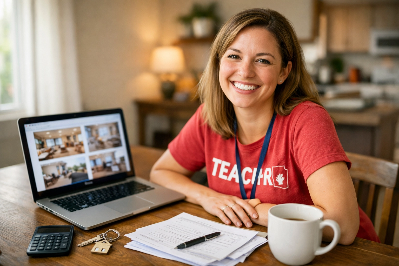Arizona teacher reviewing home listings with keys and calculator, planning home purchase