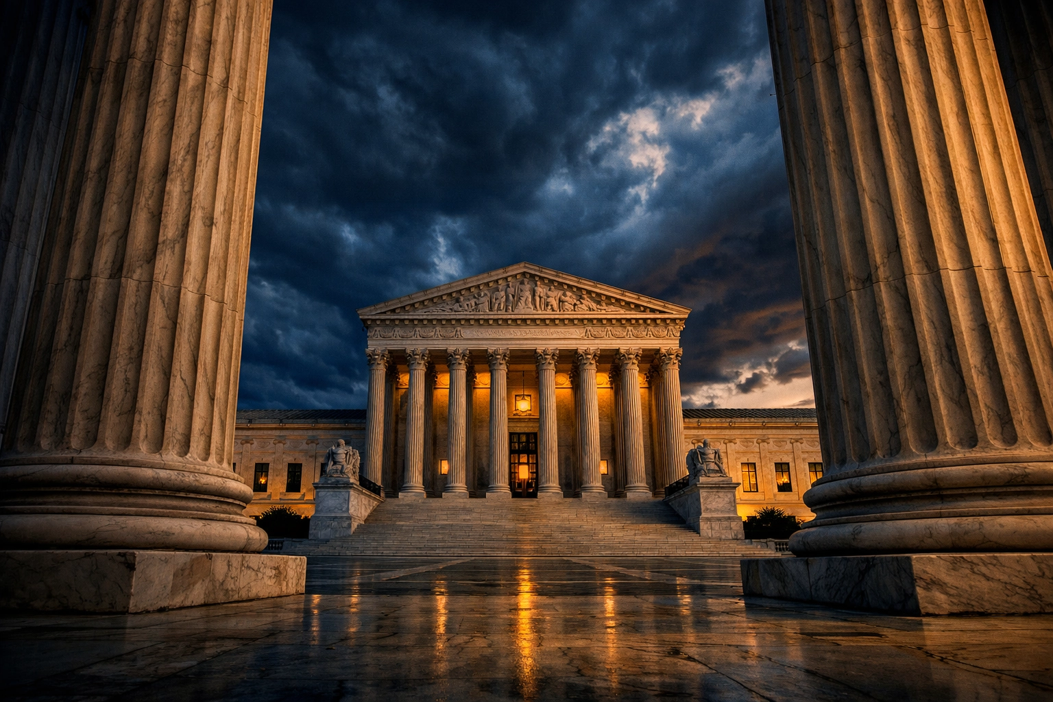 Supreme Court building at dusk symbolizing tariff ruling and executive power limits