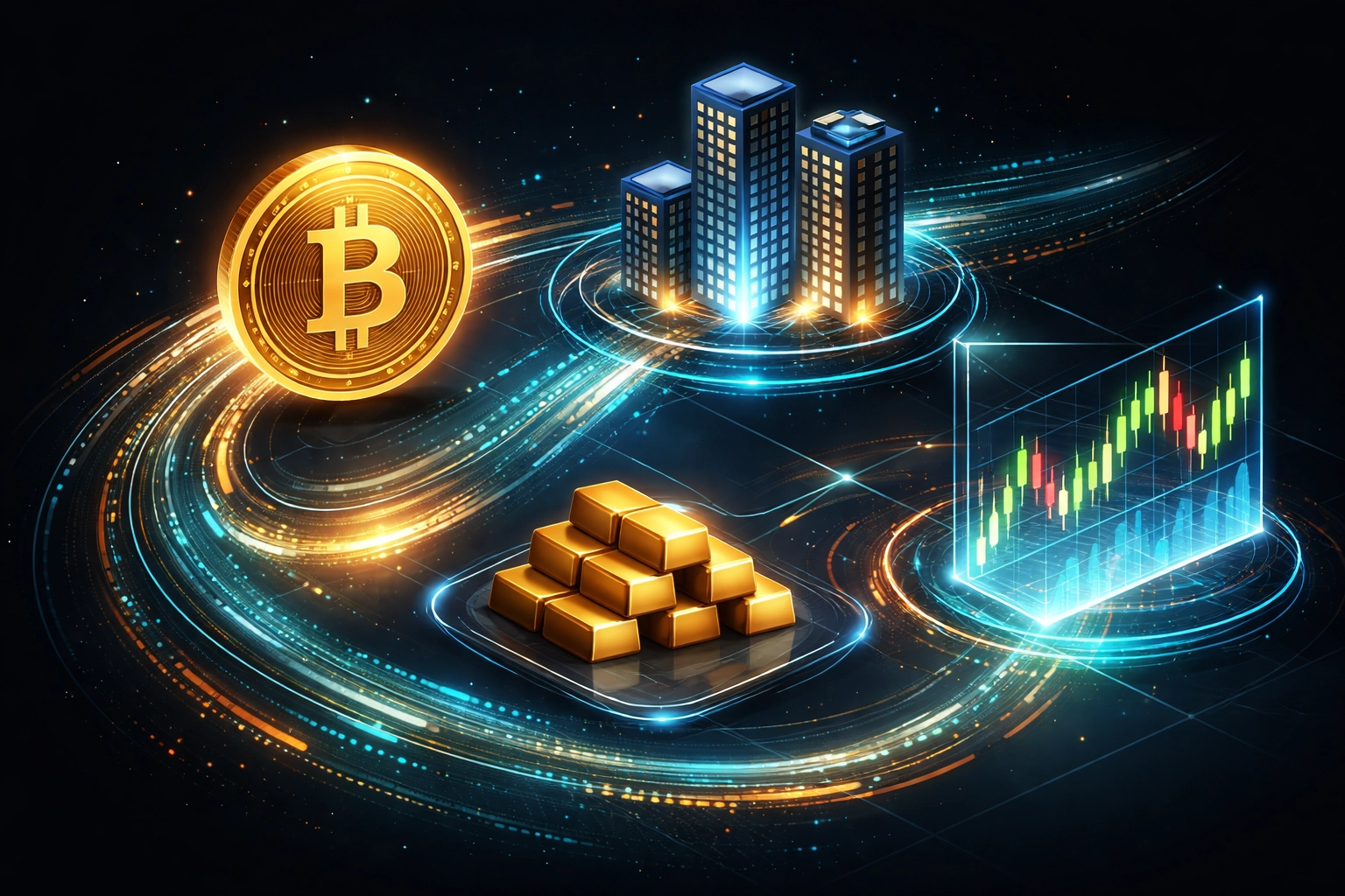 Modern icons of Bitcoin, real estate, gold, and data streams illustrating diversified investment strategies