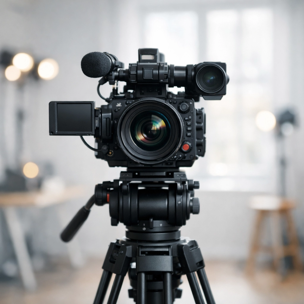 Professional video camera on tripod for creating video content optimized for Google search