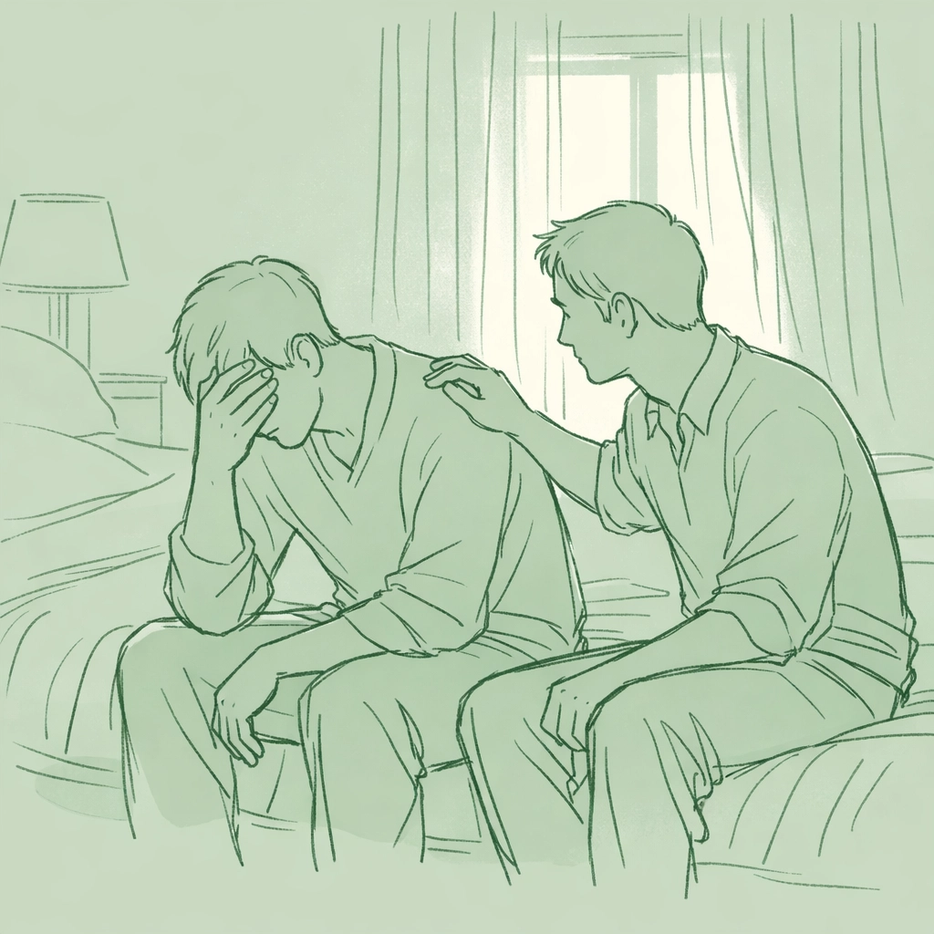 Two men sharing vulnerable moment on bed edge in MM romance depicting bisexual intimacy and emotional connection