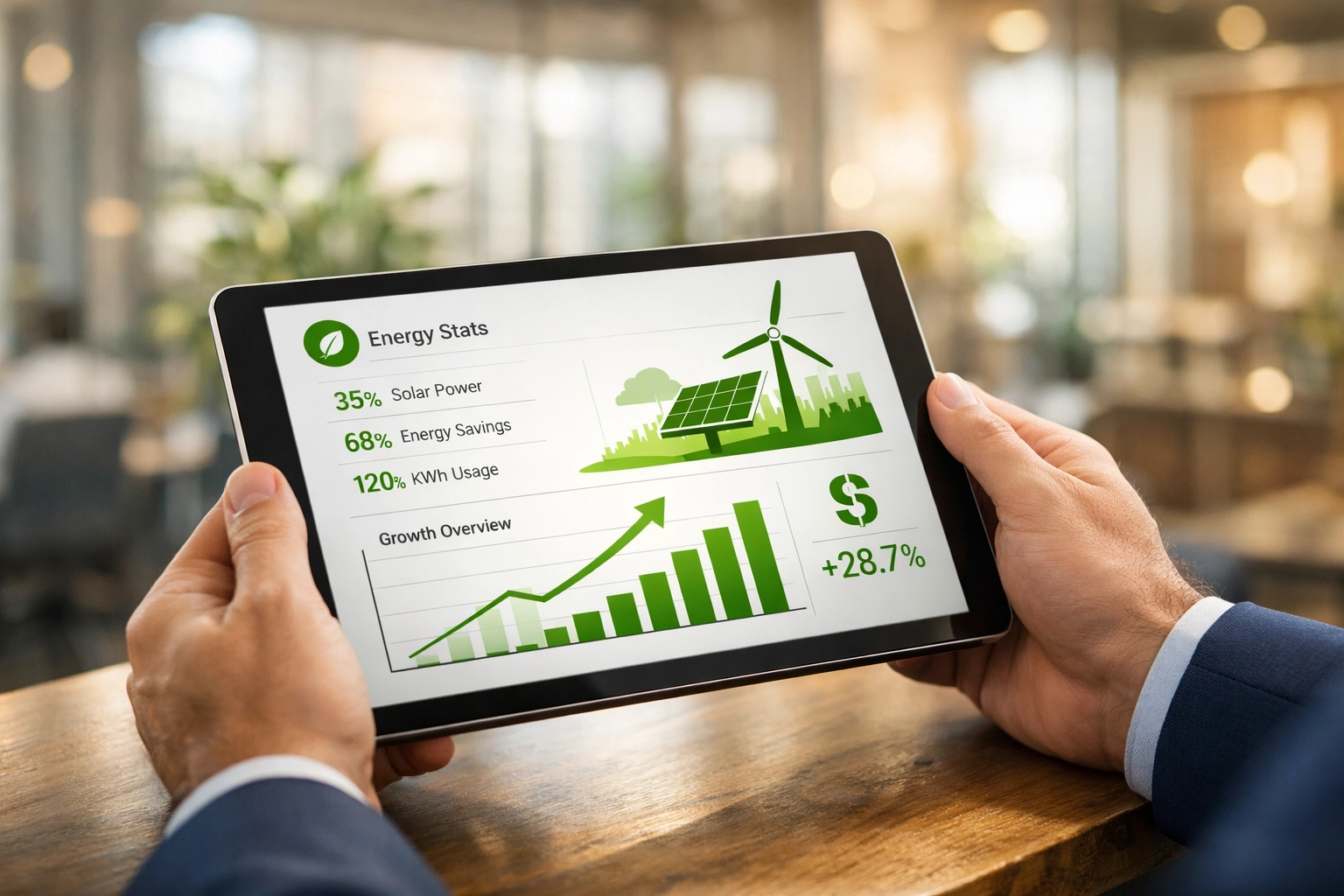 Business owner tracking solar ROI and energy savings on a digital dashboard in a modern office.