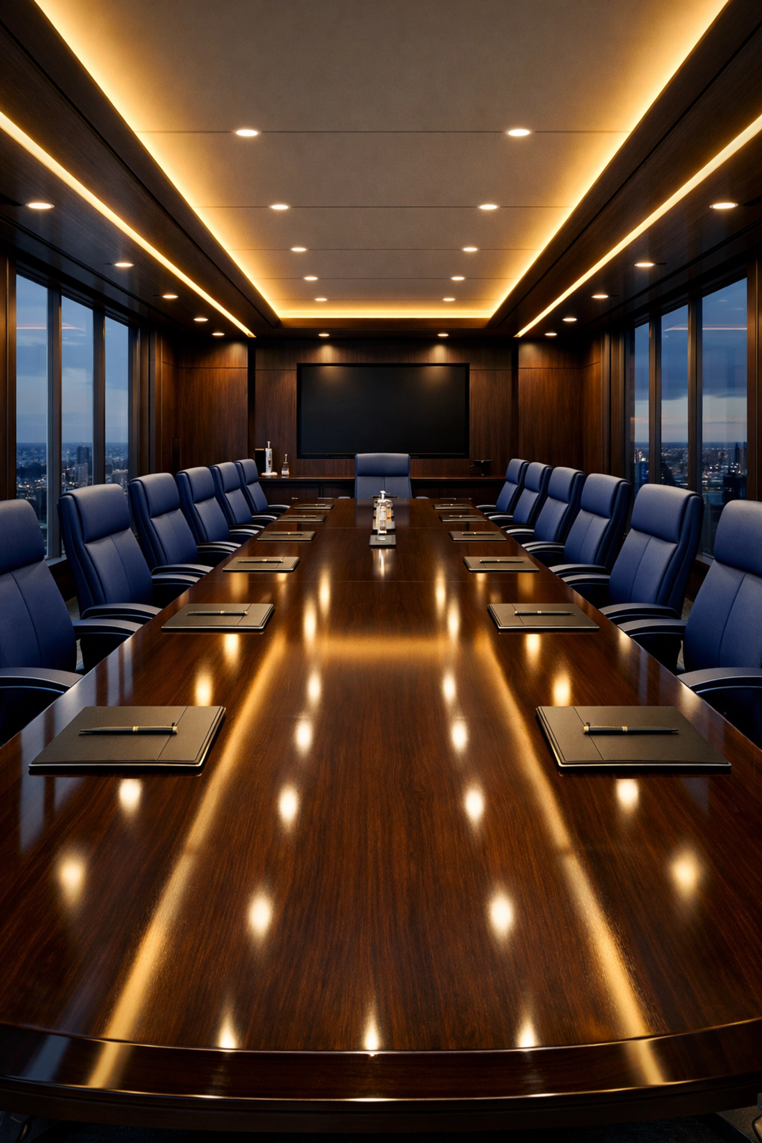 Organized luxury conference room with polished surfaces from expert commercial cleaning in Milford.