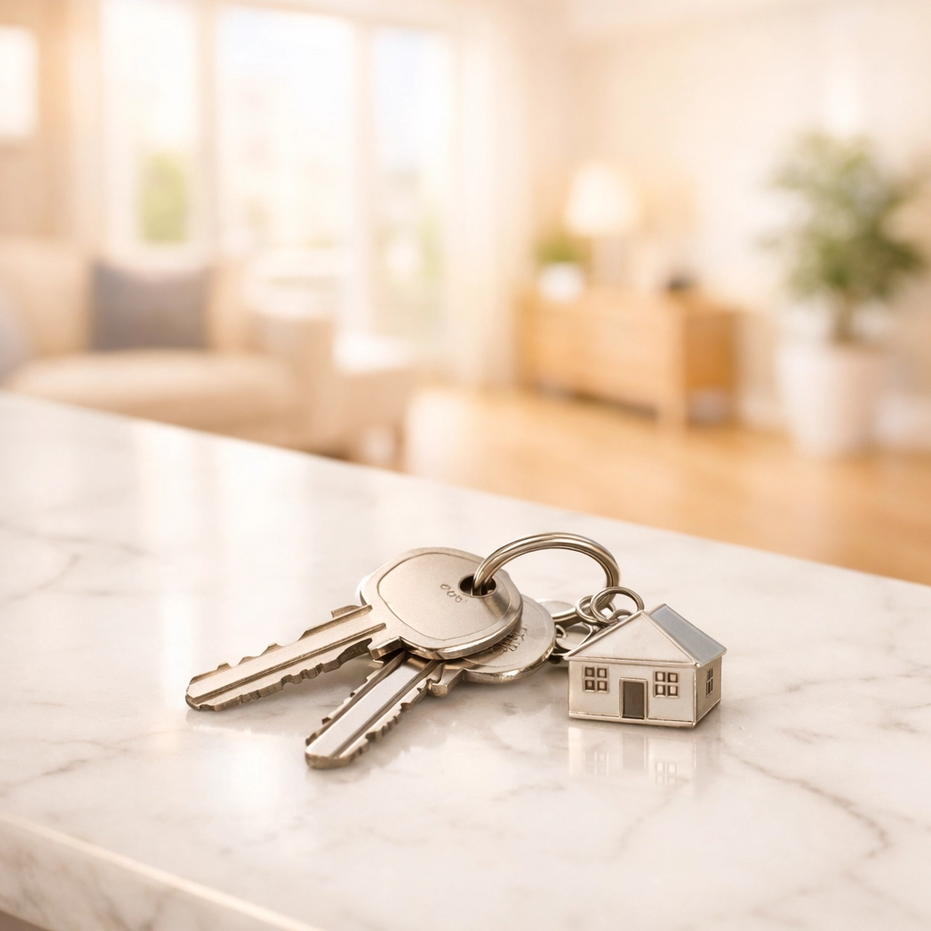 Apartment keys on a clean marble counter representing move-in ready cleaning service Cedar Falls.