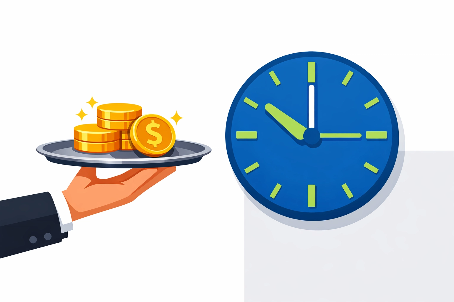 Graphic showing a service tray and clock for the new 2026 tax deductions on tips and overtime income.