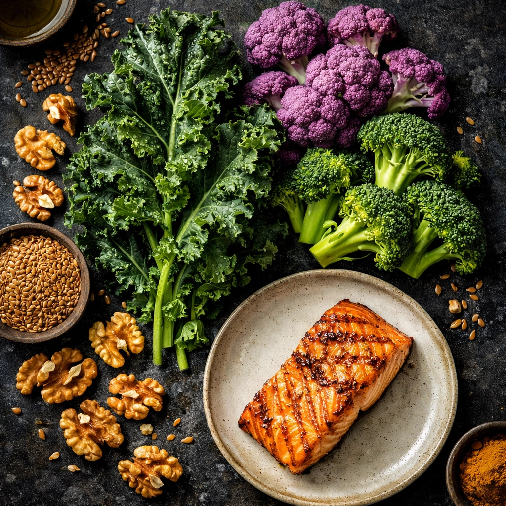 Nutrient-dense meal with cruciferous vegetables and salmon to support cellular defense and hormone balance.