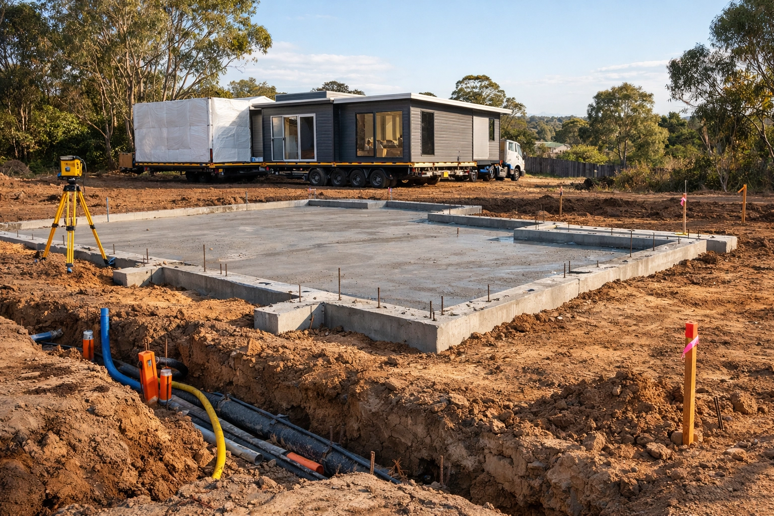 Modular home site preparation showing foundation and utility connections in Australia