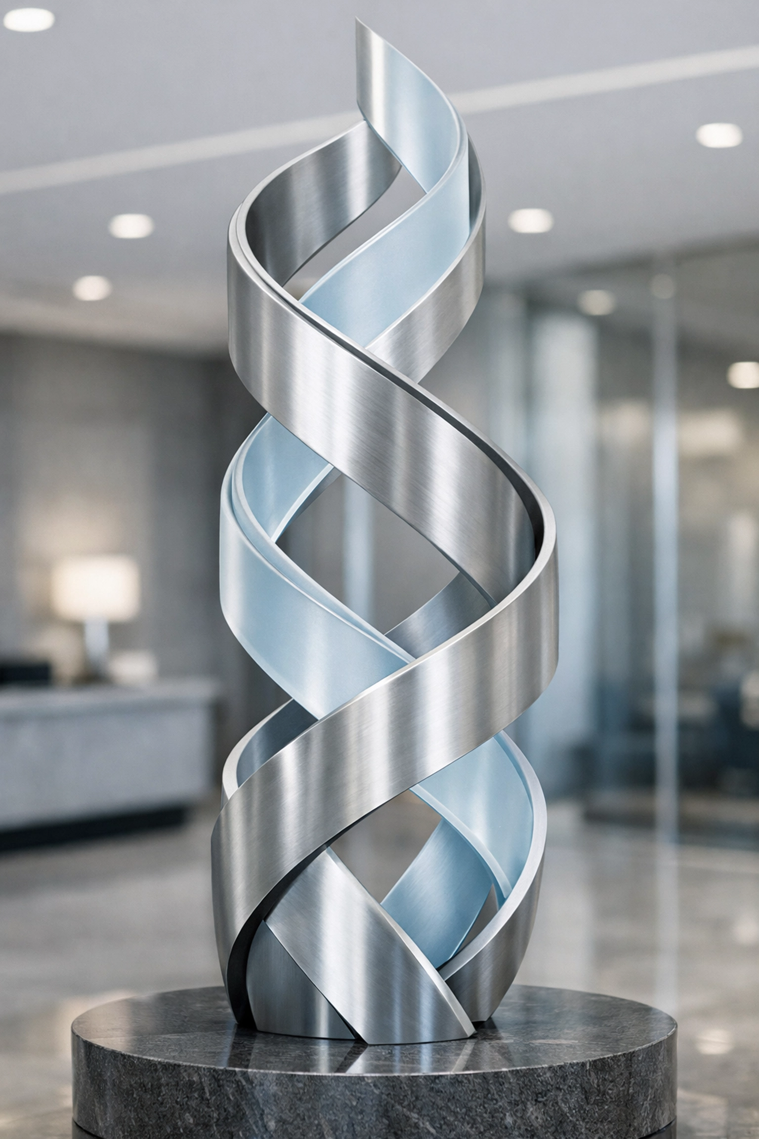 Interlocking ribbons sculpture symbolizing strategic partnerships and collaborative lifelong learning frameworks.