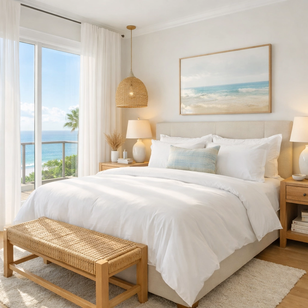 Luxury vacation rental master bedroom with ocean views and hotel-quality linens
