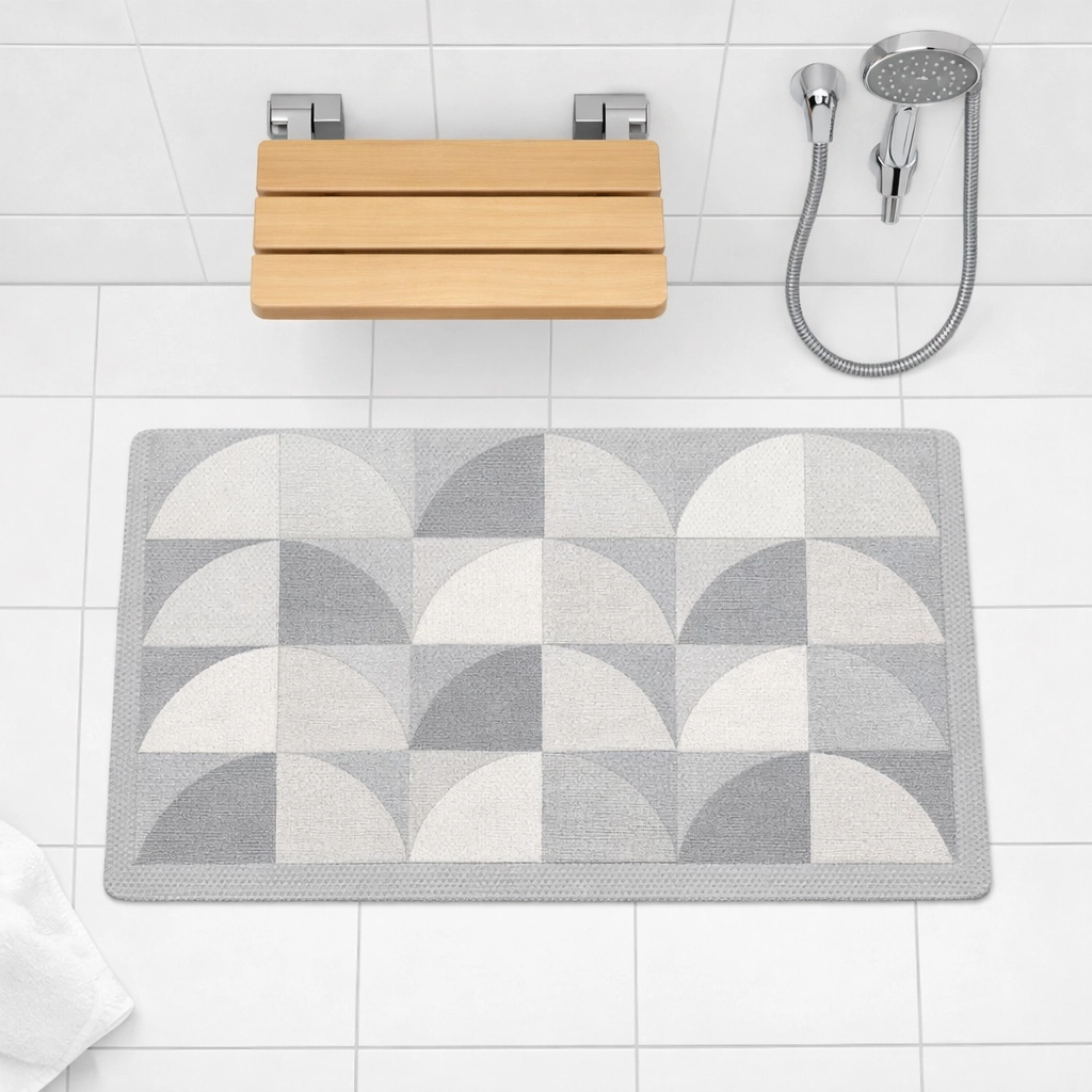 Non-slip bath mat and fold-down shower seat for senior bathroom safety