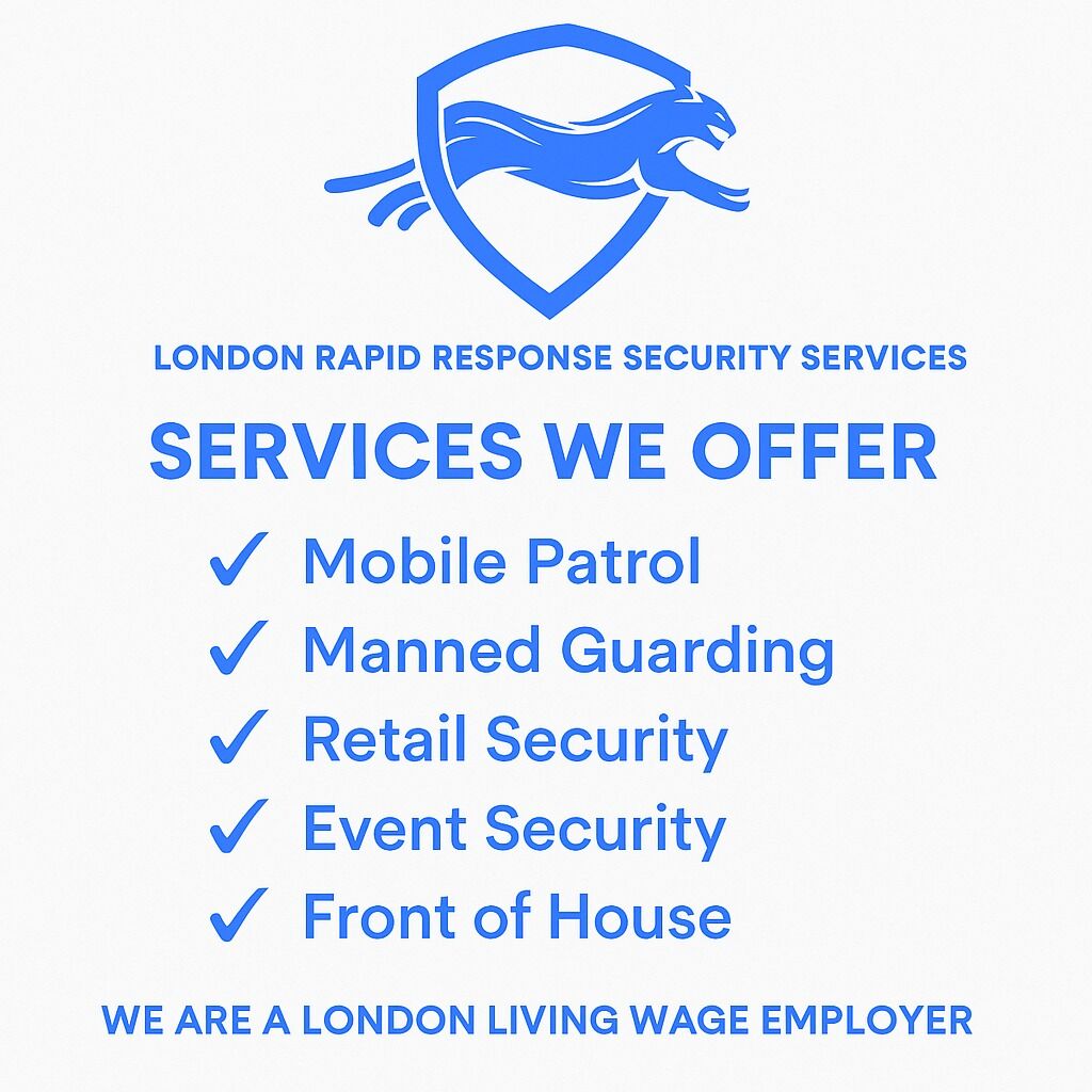 High-visibility security patrol vehicle providing professional security services in London at dusk. High-visibility security patrol vehicle patrolling a London commercial estate at night