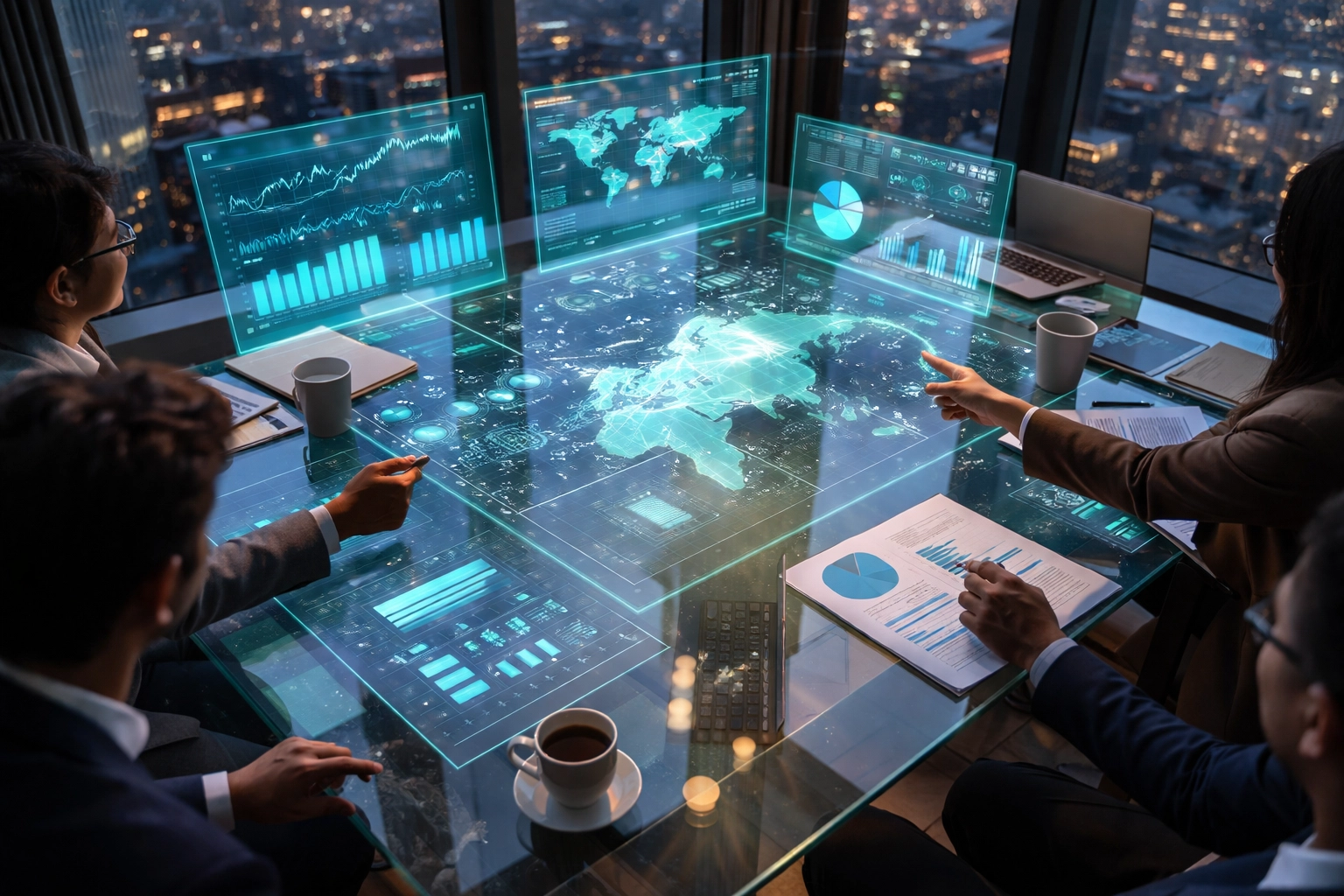 Overhead view of finance professionals reviewing investment data and global portfolio strategies in a modern office