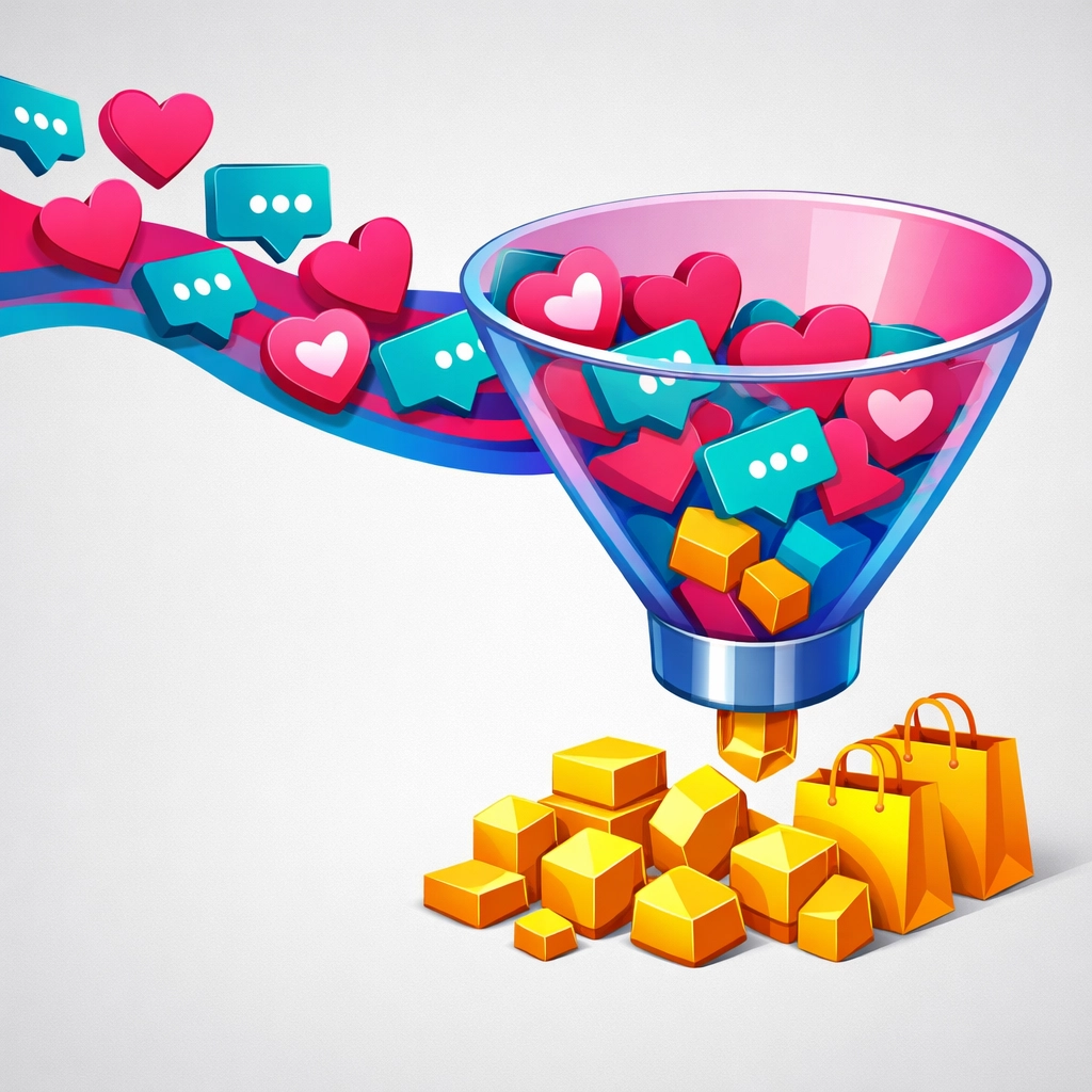Marketing funnel illustration showing social media engagement converting into leads and customer sales.