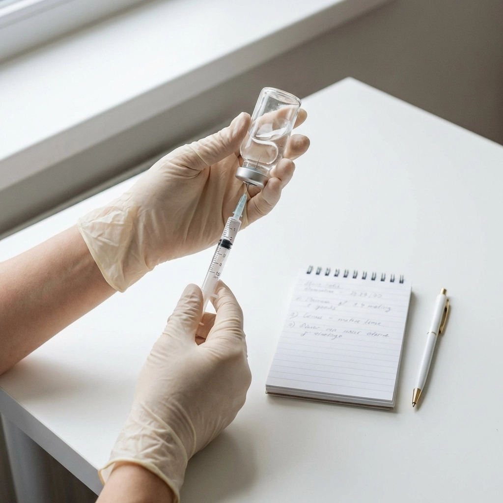 Close-up of precise peptide dosage preparation with syringe and notes, showcasing accuracy in medical treatment