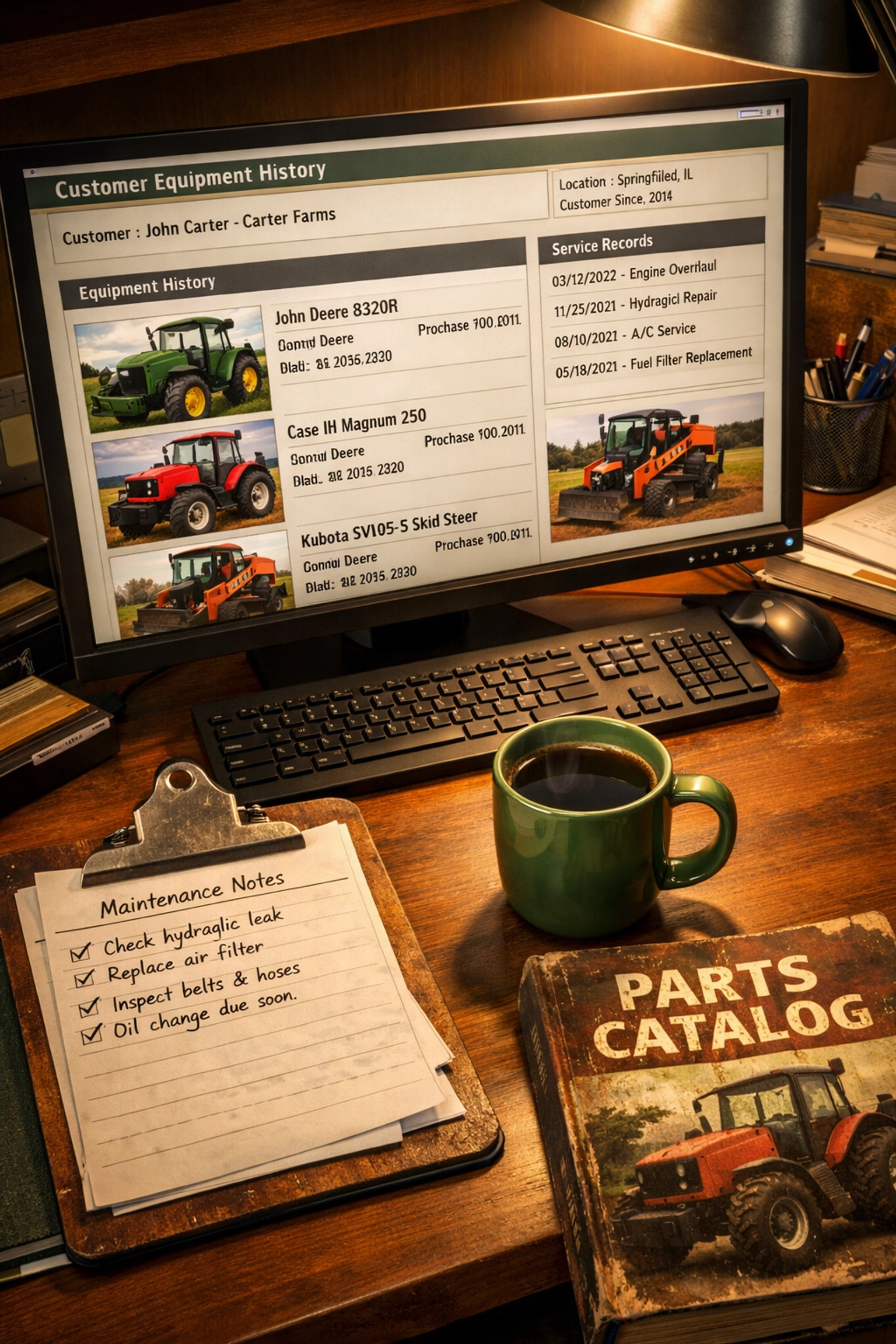 Tractor service records and customer equipment history at family-owned dealership