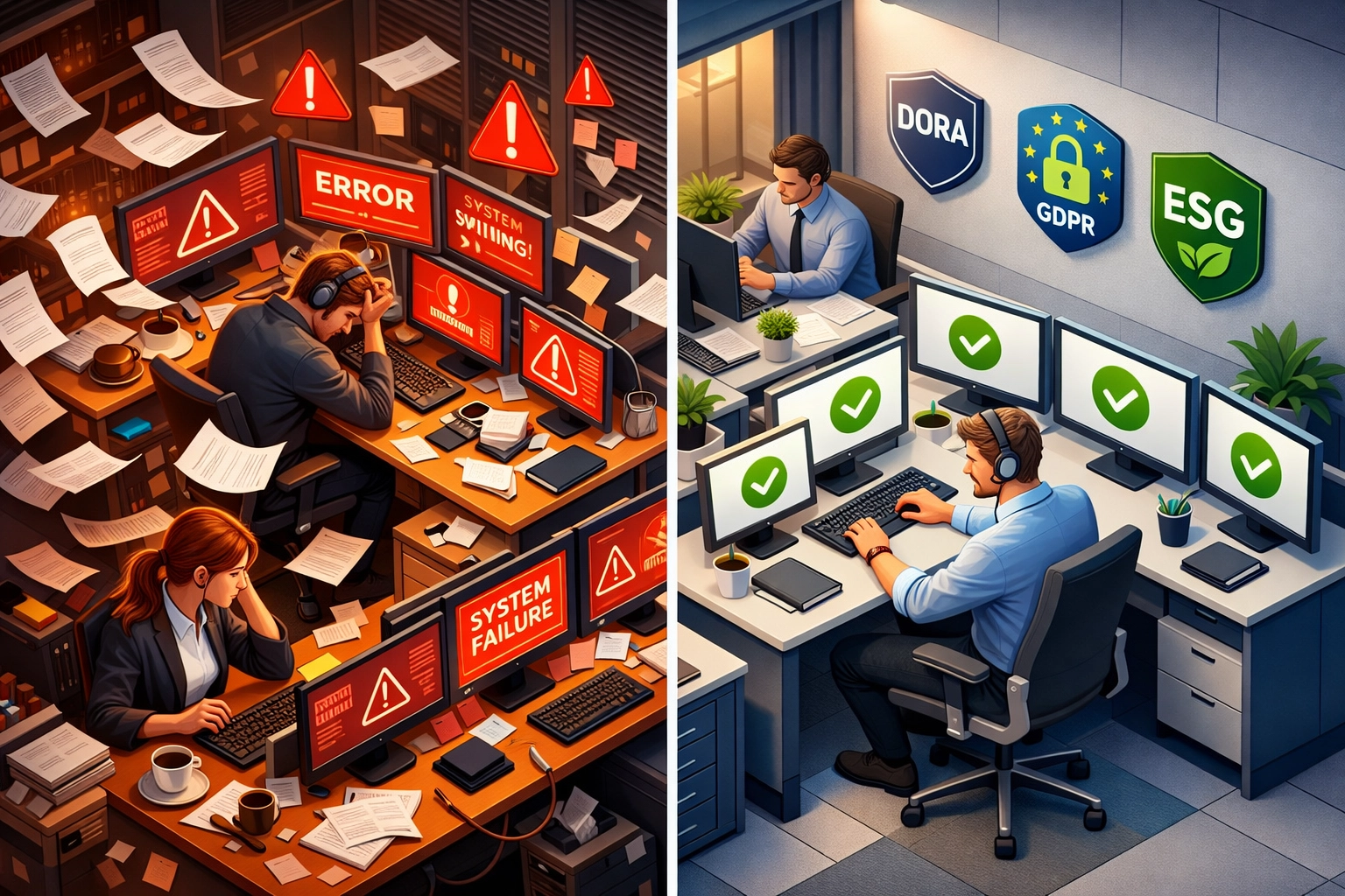 Comparison of chaotic IT operations versus organized ServiceNow environment with DORA GDPR compliance