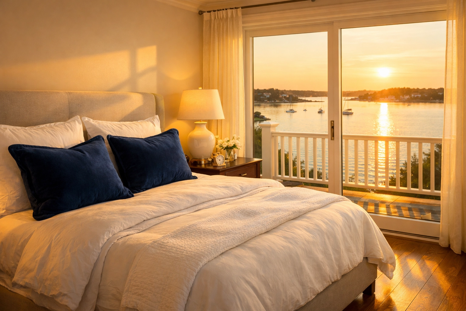 Tranquil master bedroom sanctuary in Hingham overlooking the harbor after a professional coastal deep clean.