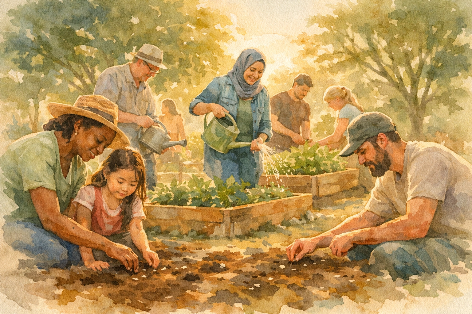 Diverse people serving together in community garden as act of worship