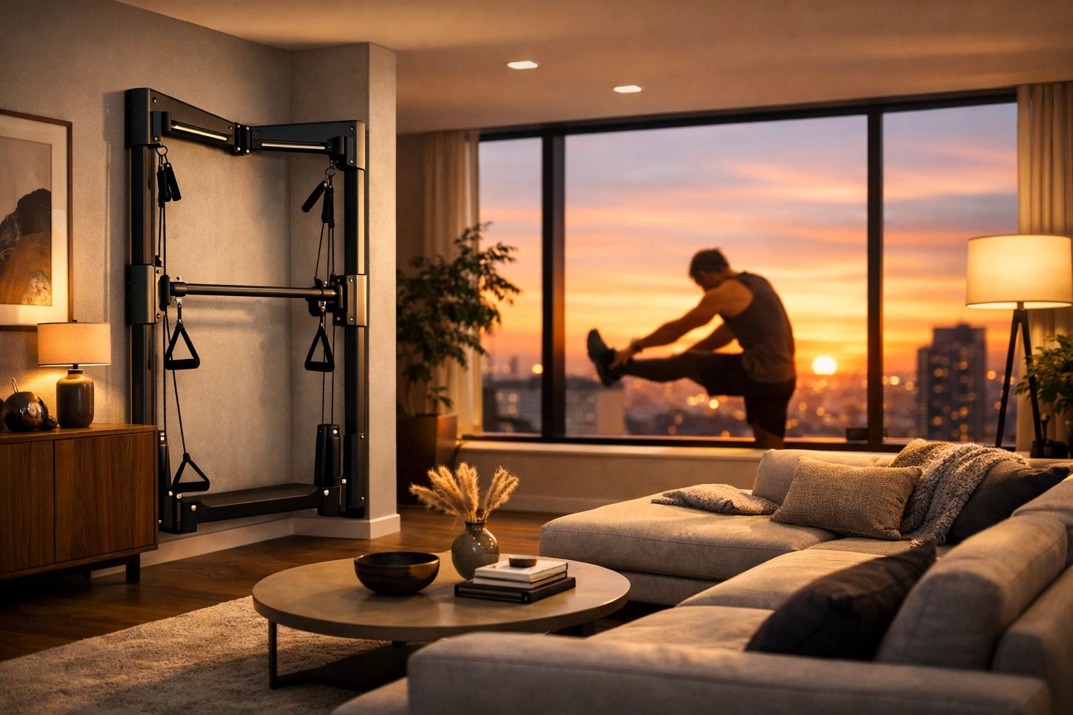 Minimalist home gym equipment seamlessly integrated into a modern apartment for bodyweight training.