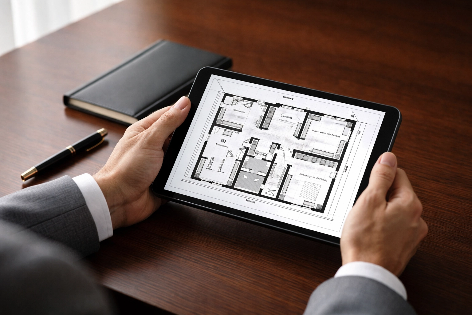 Property surveyor using a tablet for detailed condition reports, showcasing professional property management services.