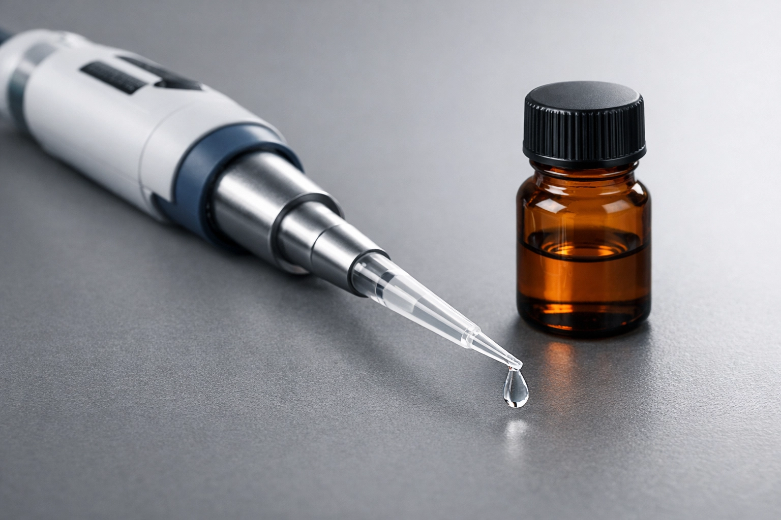 Laboratory pipette and amber bottle showing precise Vesilut peptide dosage for clinical research protocols.