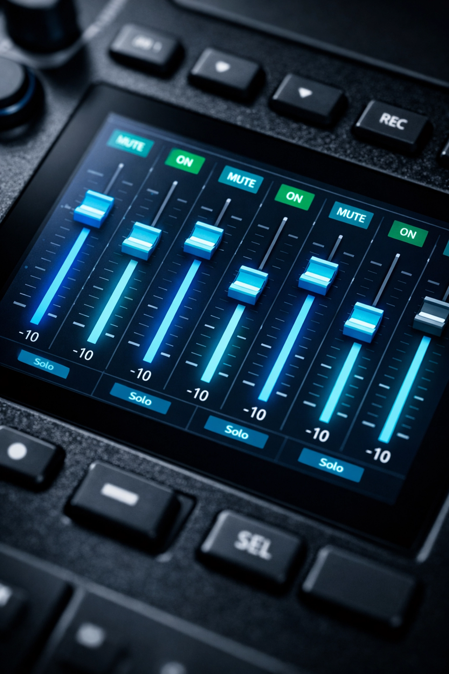 Simplified digital audio mixing console interface showing user-friendly touchscreen controls for church AV volunteers.